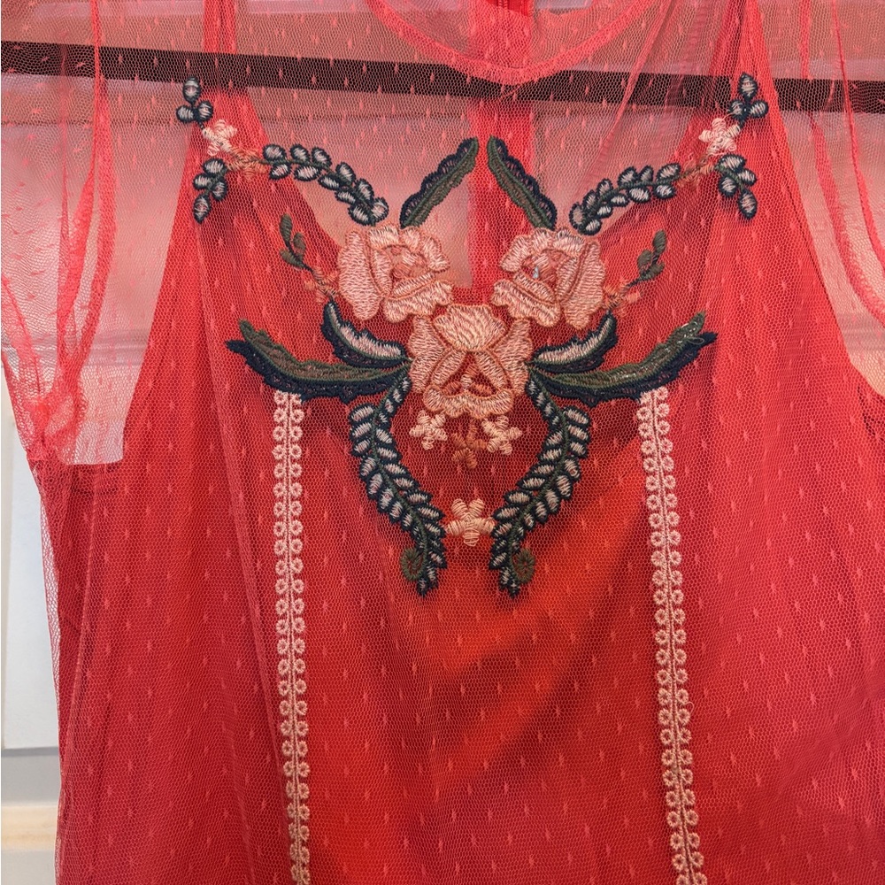 Red Embroidered Mesh Top